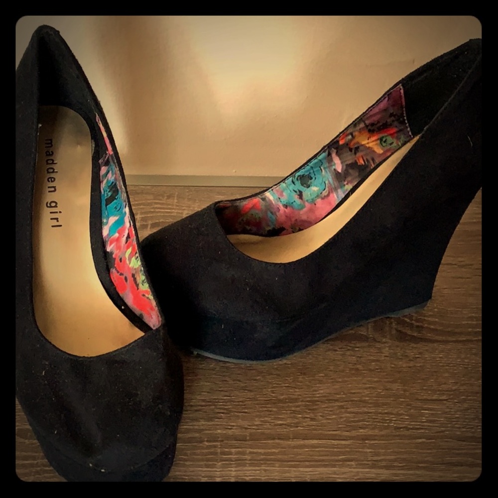 Madden girl black high wedge shoes.